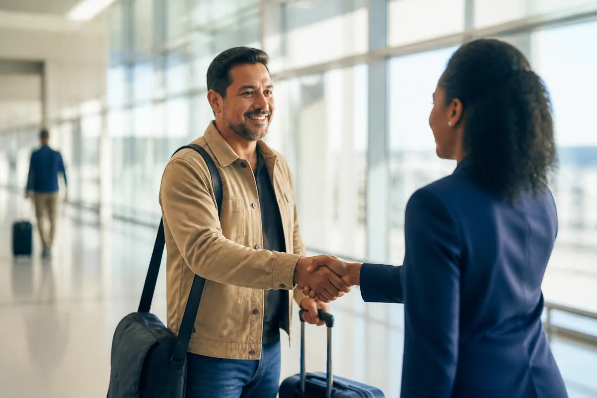 Arriving employee met by a local AZERRA contact in the arrivals area