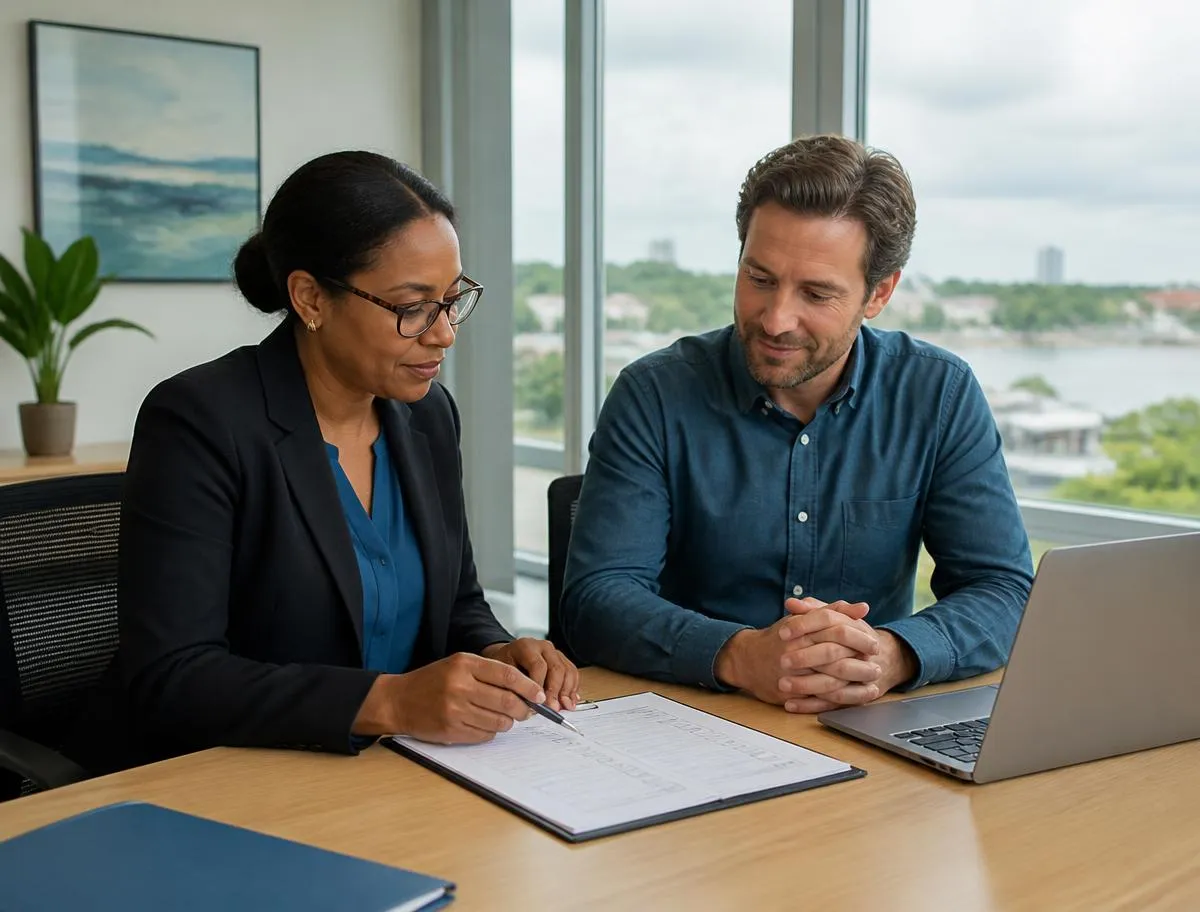 HR manager and departing consultant reviewing an end-of-assignment checklist