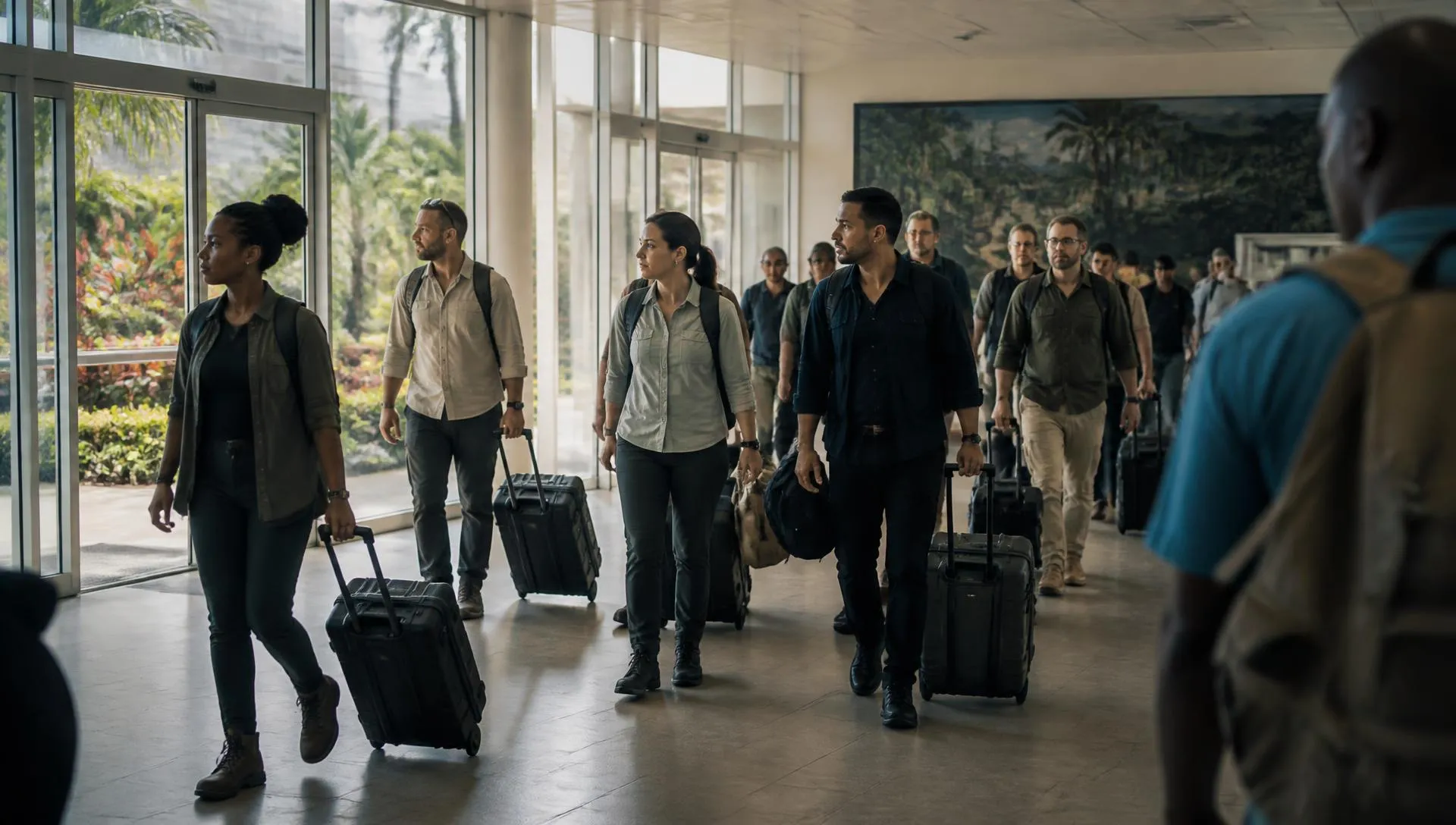An international project crew arriving through Paramaribo airport at the start of a deployment