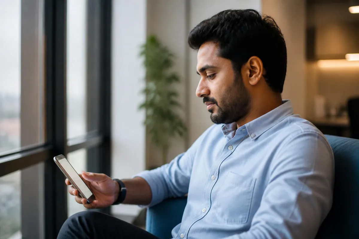 Deployed employee seated by a window checking assignment information on a phone