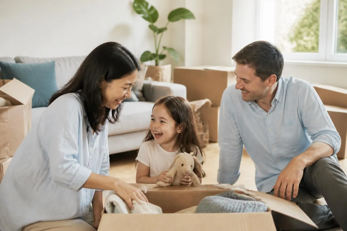 Relocating family unpacking boxes in their new home in Paramaribo