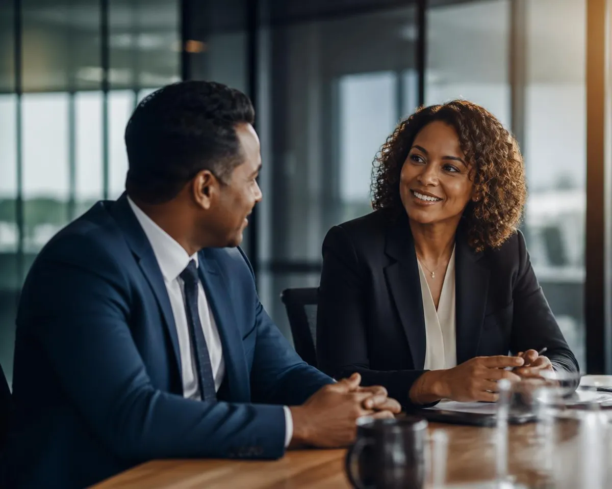 Two Surinamese business professionals in conversation across a meeting table in a modern Paramaribo office