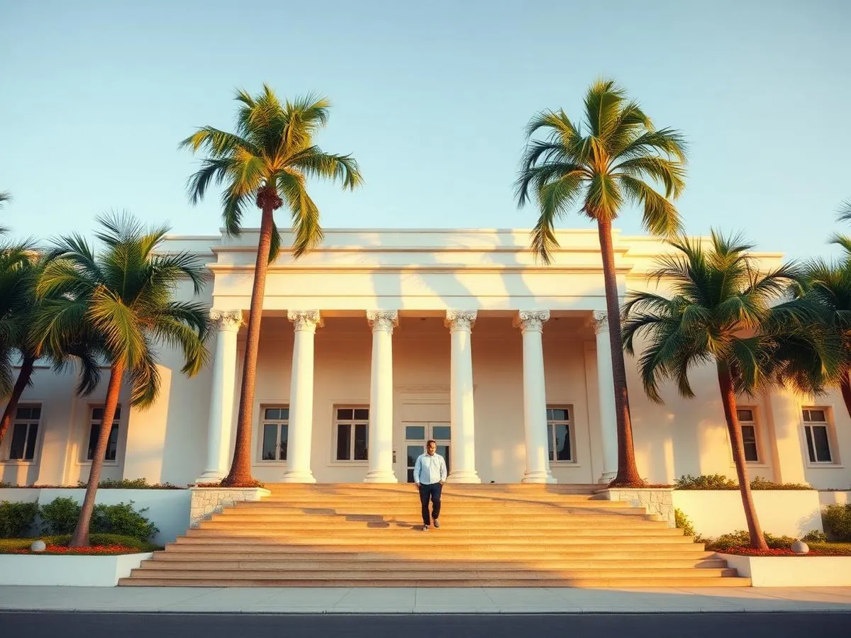 A person walking up the steps of a public administrative building in the tropics