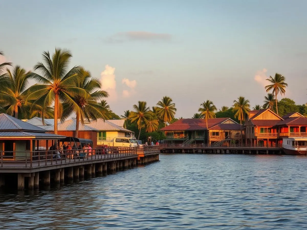 Wooden waterfront buildings along the river in Paramaribo in late afternoon light