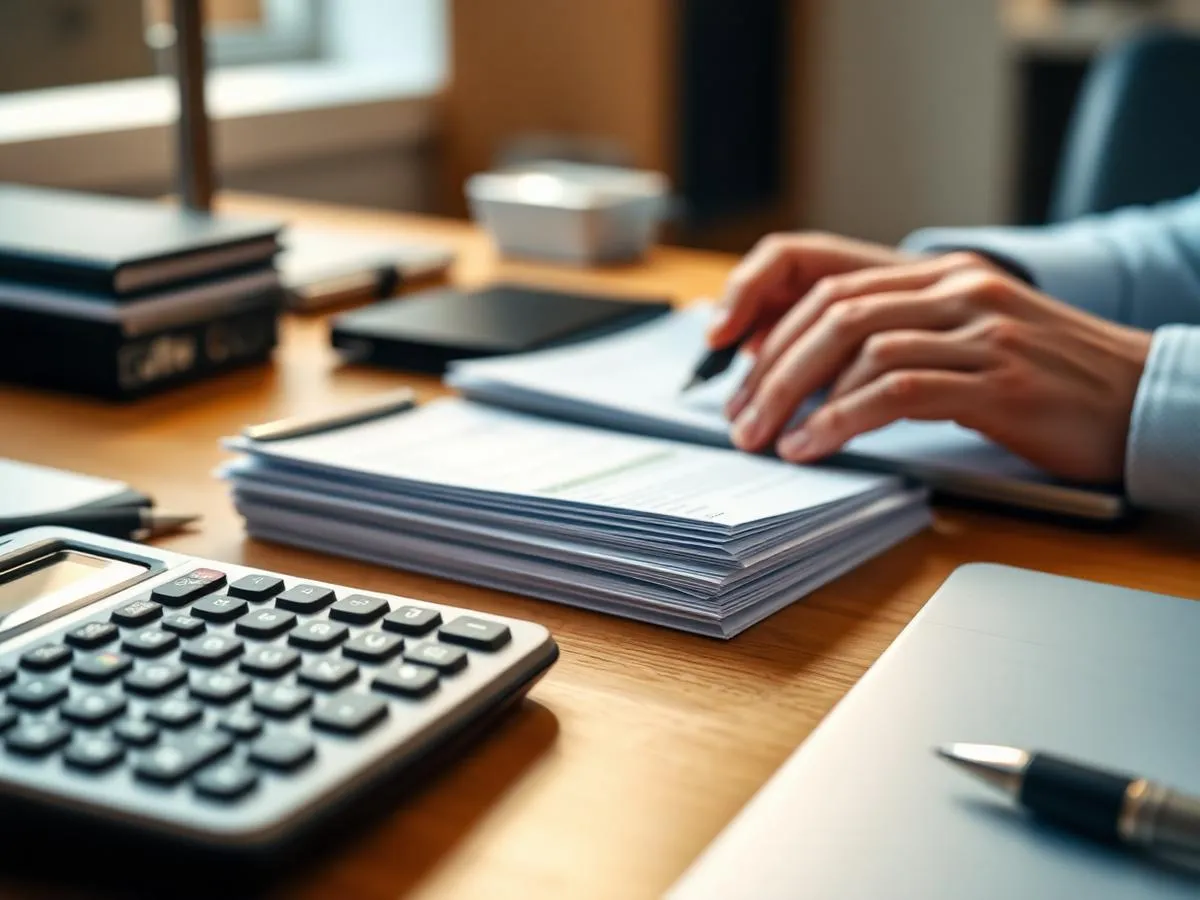 Calculator, payslips and notes on a desk during a monthly payroll run