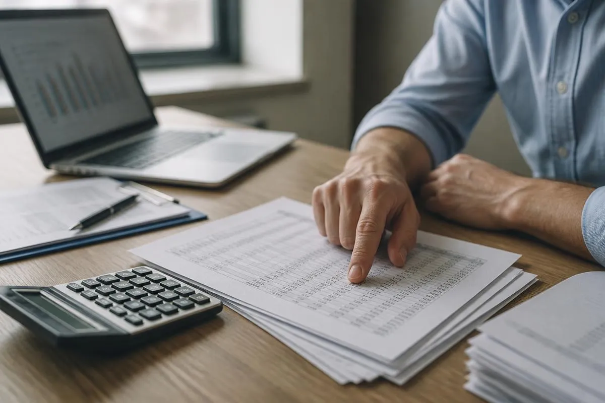 Payroll schedules, a calculator and a hand tracing a column of figures on a desk