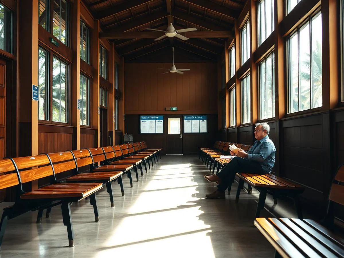A man seated with a folder of documents in a quiet public office waiting hall