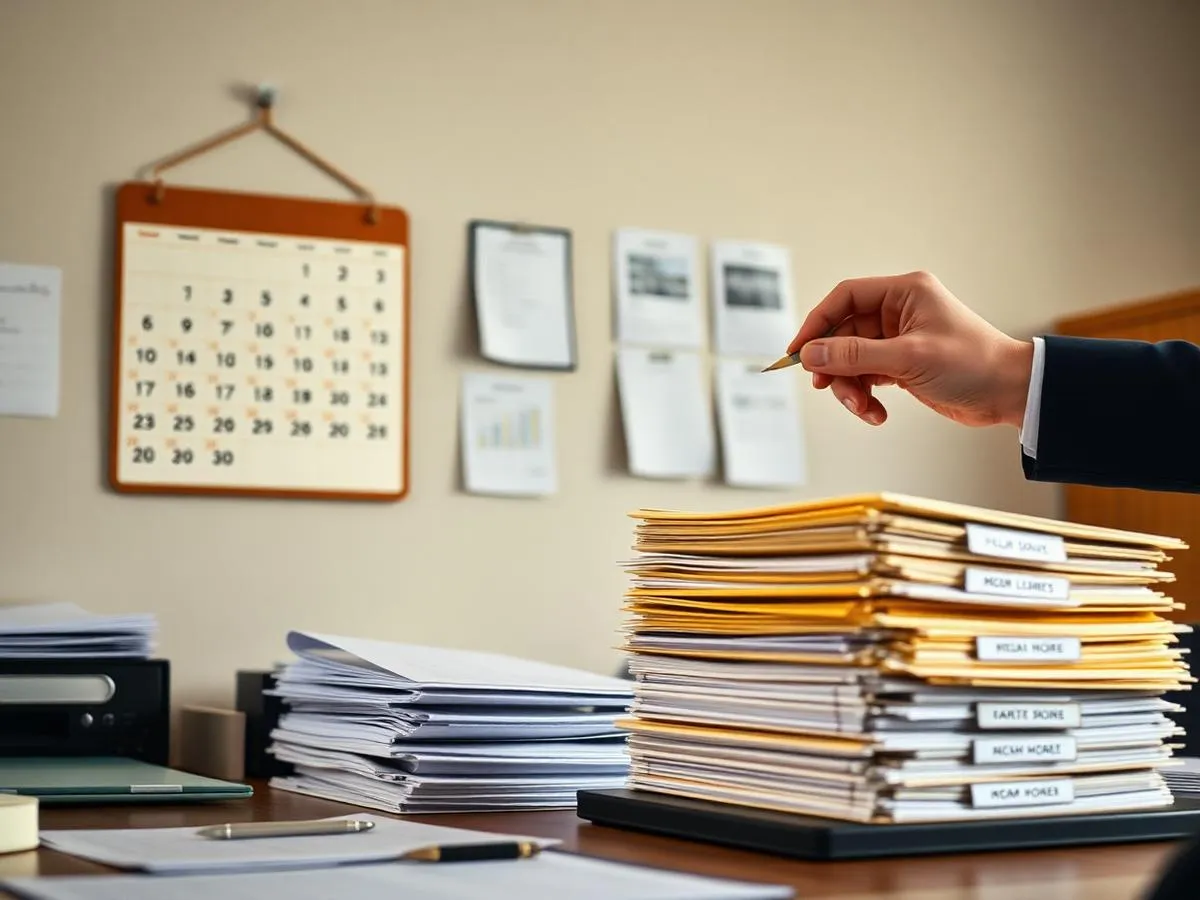 A wall calendar and labelled document folders used to plan permit renewals