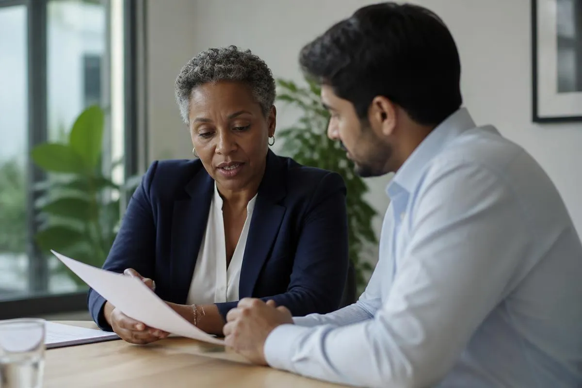 An advisor explaining a regulatory document to a client across a table