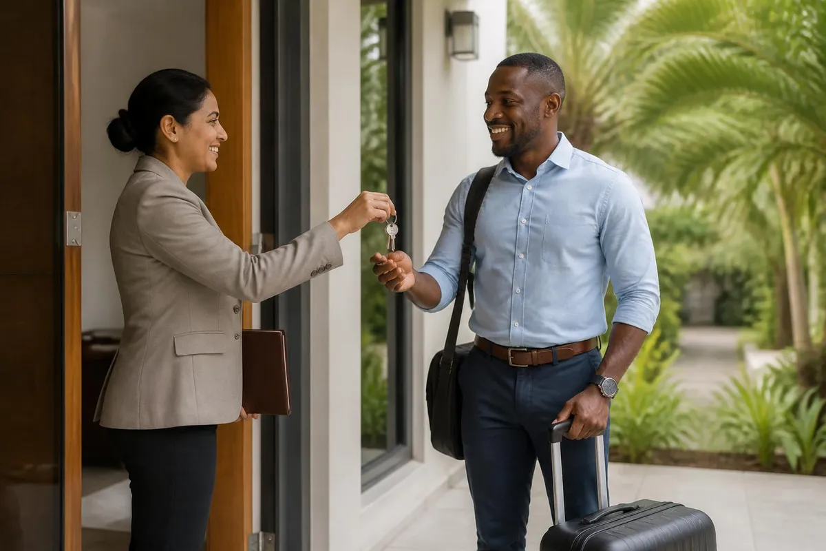 Relocation consultant handing house keys to an arriving international consultant at a home in Suriname