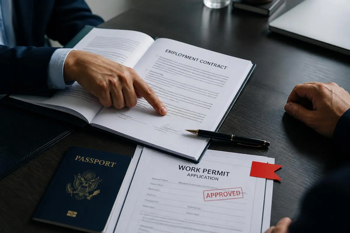 Employment contract and work permit application under review on a boardroom table