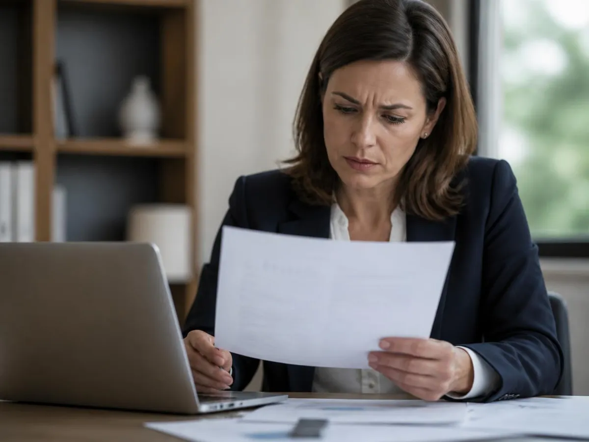 A professional reviewing deployment documents with concern at a desk