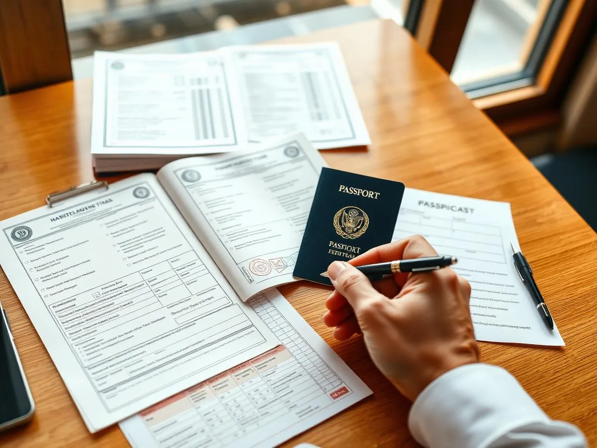 Passport, certificates and printed forms laid out on a desk during a document review