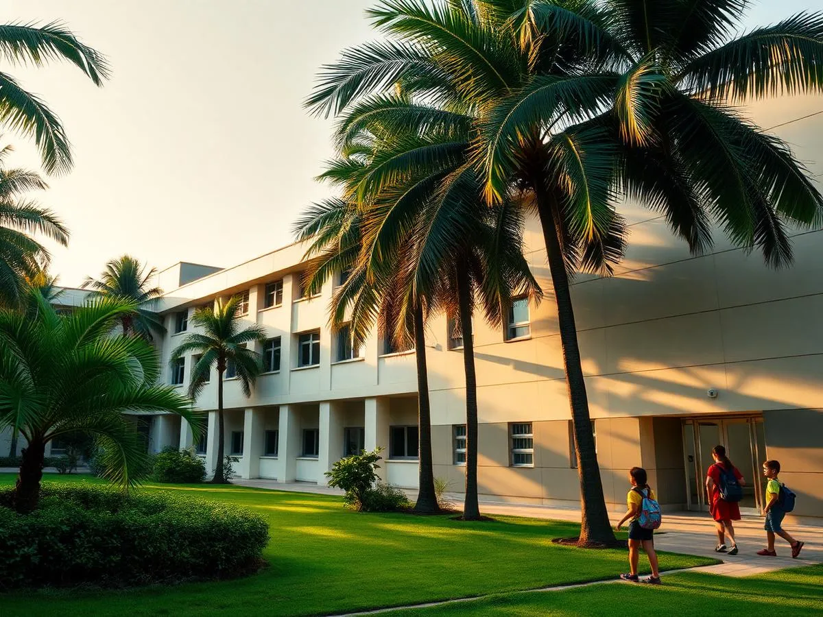 A school building with a green lawn and palm trees, children walking to the entrance