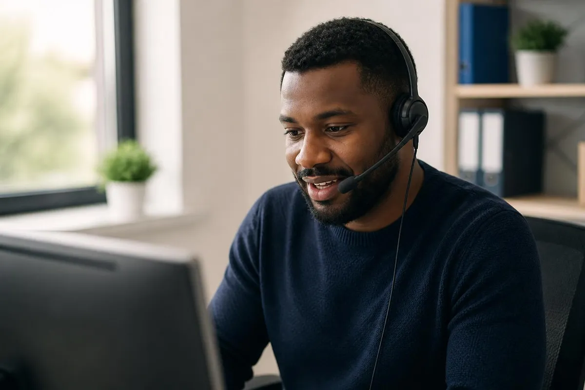 Support professional wearing a headset taking a call in a small office