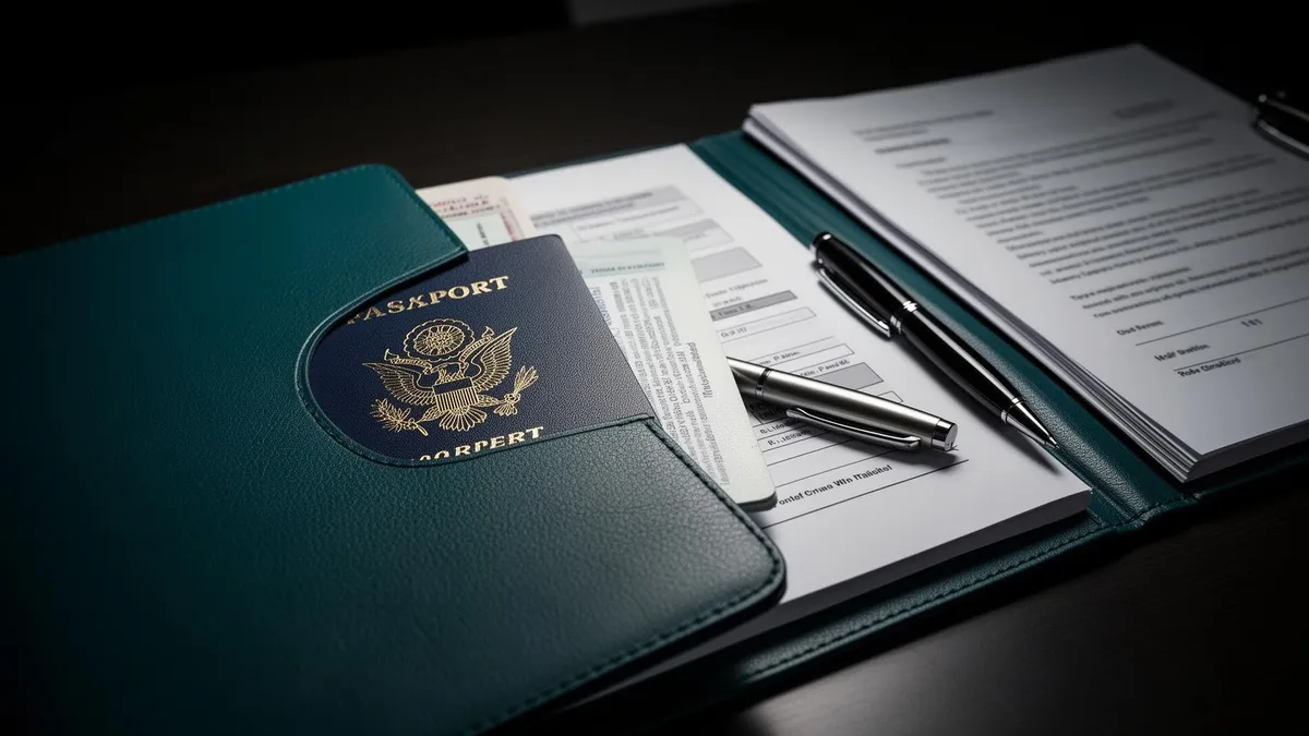 Immigration document file being reviewed on a desk in Paramaribo