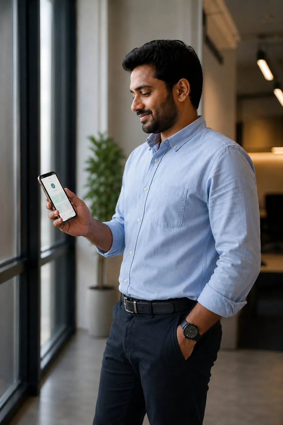 Deployed employee standing by an office window checking payslips and permit progress in the AZERRA employee portal on a phone